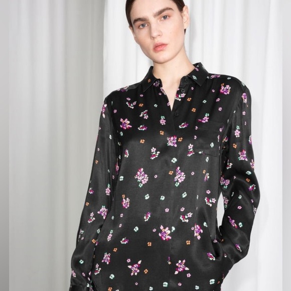 & OTHER STORIES Black Floral Print Satin Button Down Blouse Shirt Women’s Size 4 - Picture 1 of 14